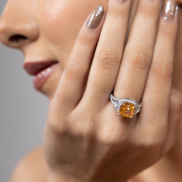 Amber Glow Cushion Halo Ring - Gold Era 