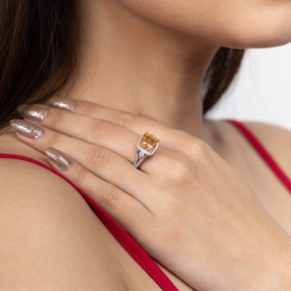 Amber Glow Cushion Halo Ring - Gold Era 