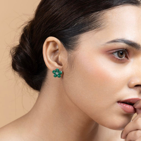 Green Flower Stud Earrings in Sterling Silver - Gold Era 