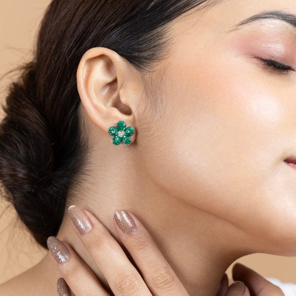 Green Flower Stud Earrings in Sterling Silver - Gold Era 