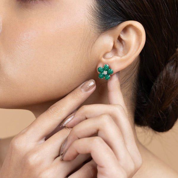 Green Flower Stud Earrings in Sterling Silver - Gold Era 