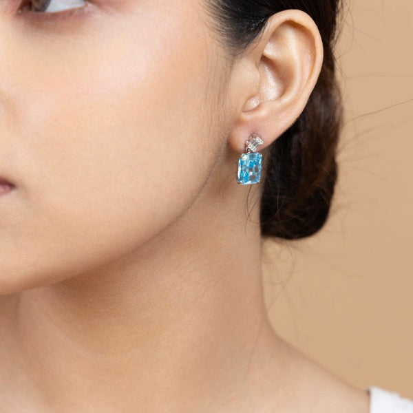 Aquamarine Blue Crystal Stud Earrings in Sterling Silver - Gold Era 