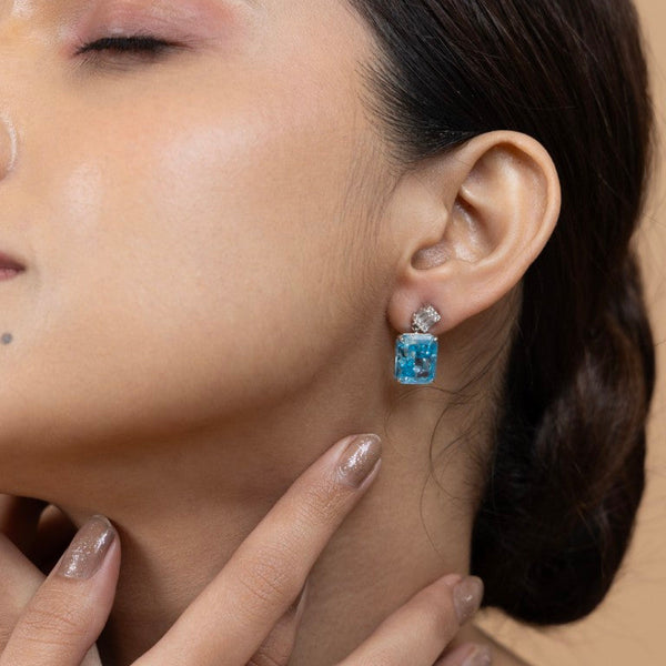 Aquamarine Blue Crystal Stud Earrings in Sterling Silver - Gold Era 