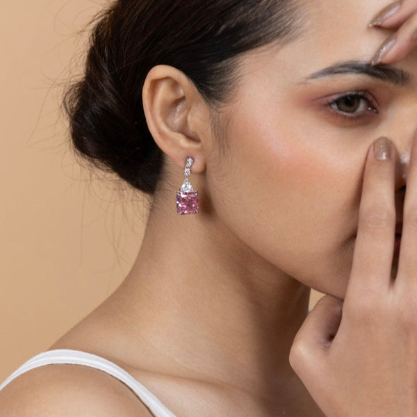 Pink Crystal Drop Earrings in Sterling Silver - Gold Era 